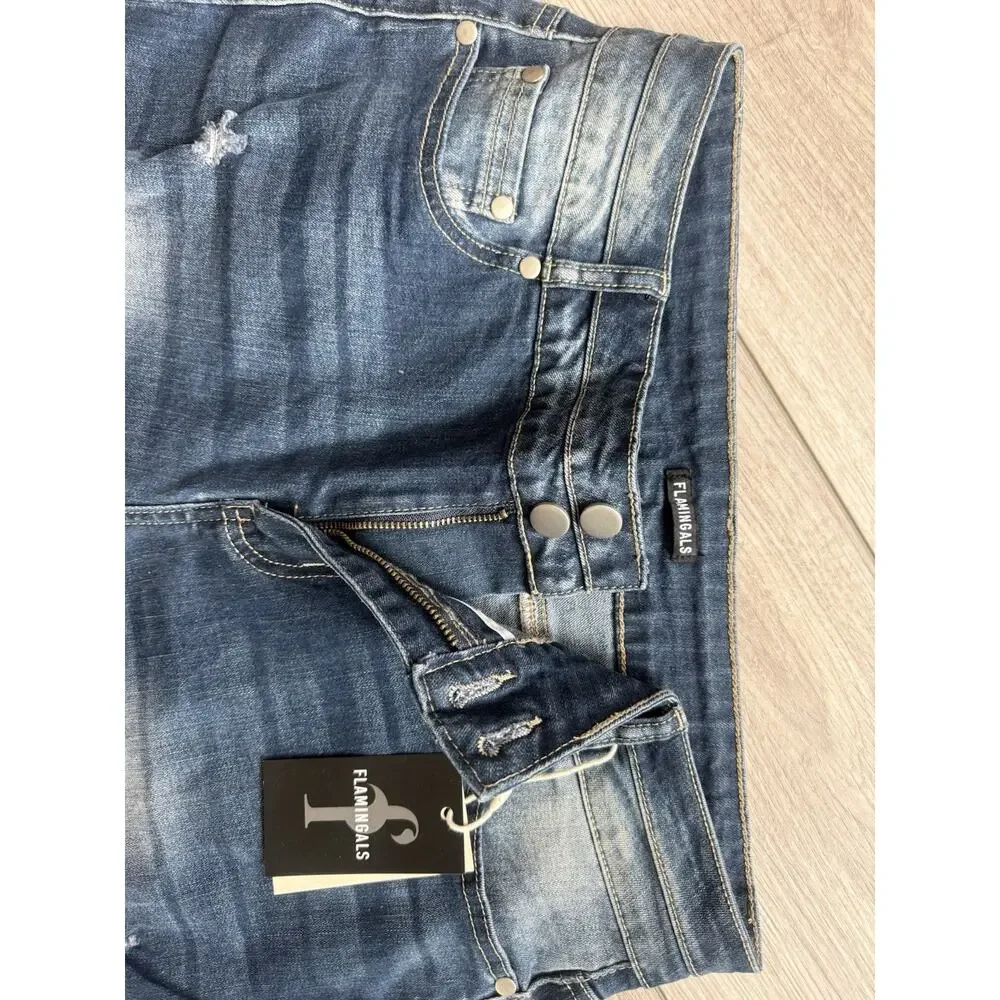 Flamingals Distressed Flare Jeans Women Ripped Bell Bottom Frayed Raw Hem NWT XL